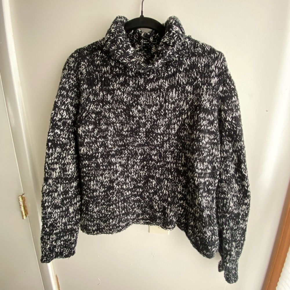 Eileen Fisher Black & White Marled Turtleneck Cropped Sweater